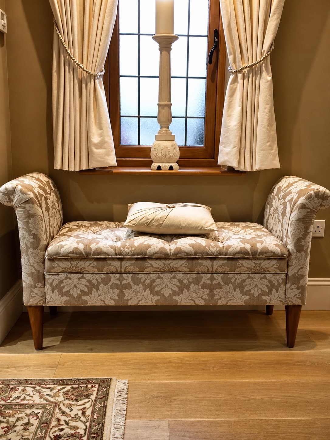 Domestic upholstered window seat and bench in a home interior