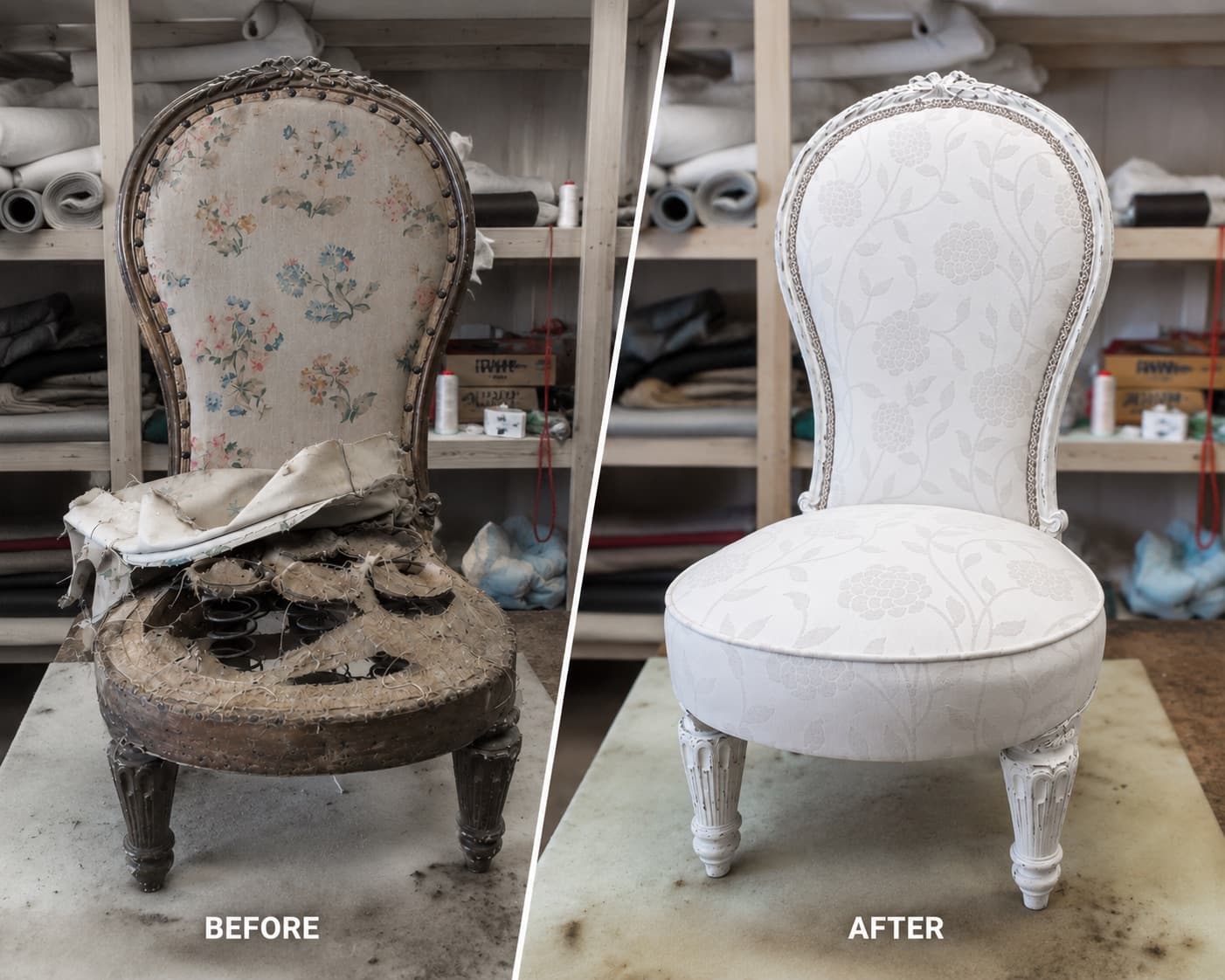 Before and after restoration of an antique bedroom chair, stripped frame rebuilt and reupholstered in cream floral fabric